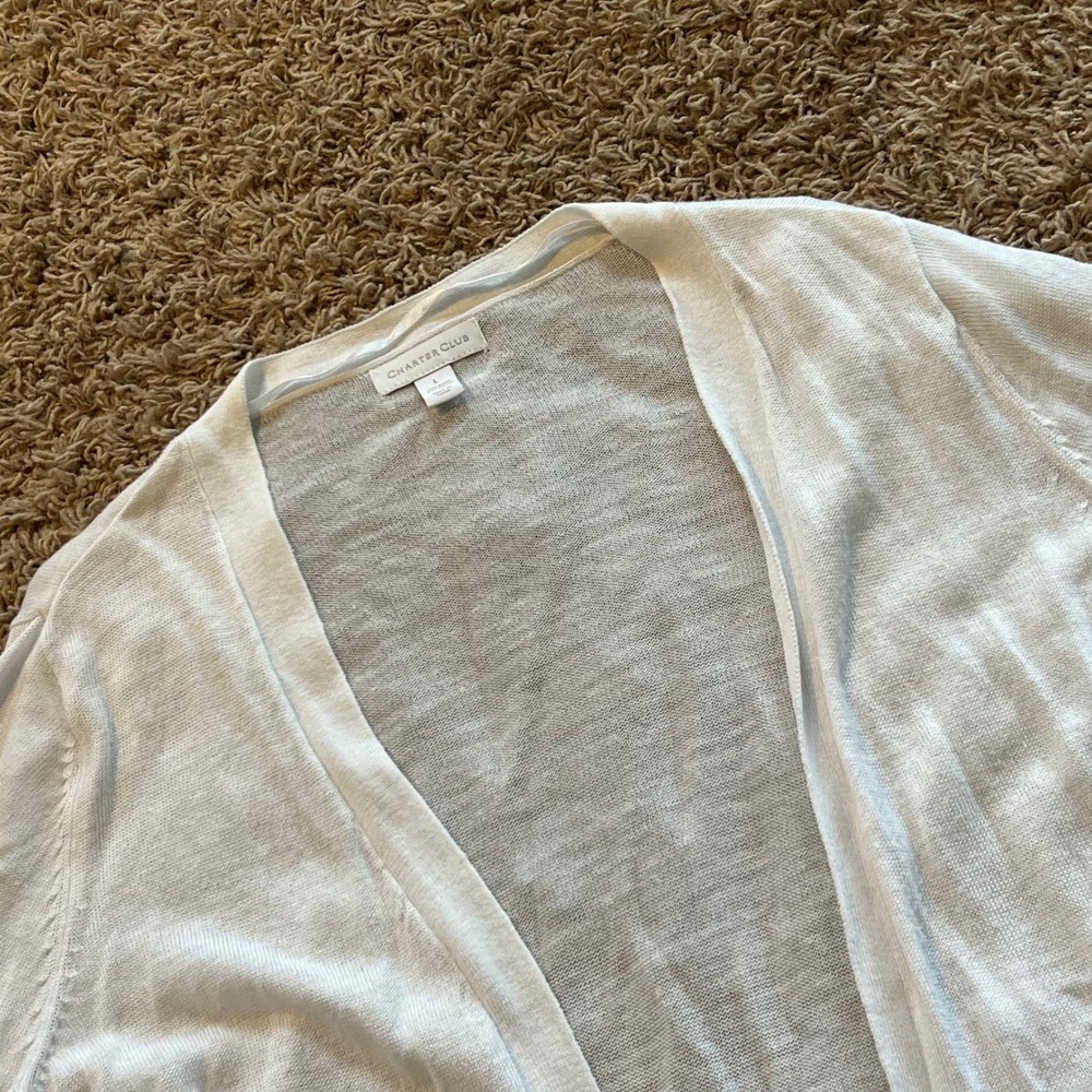 Charter Club White Ramie Rayon Open Front Peplum Ruffle Hem Cardigan Large